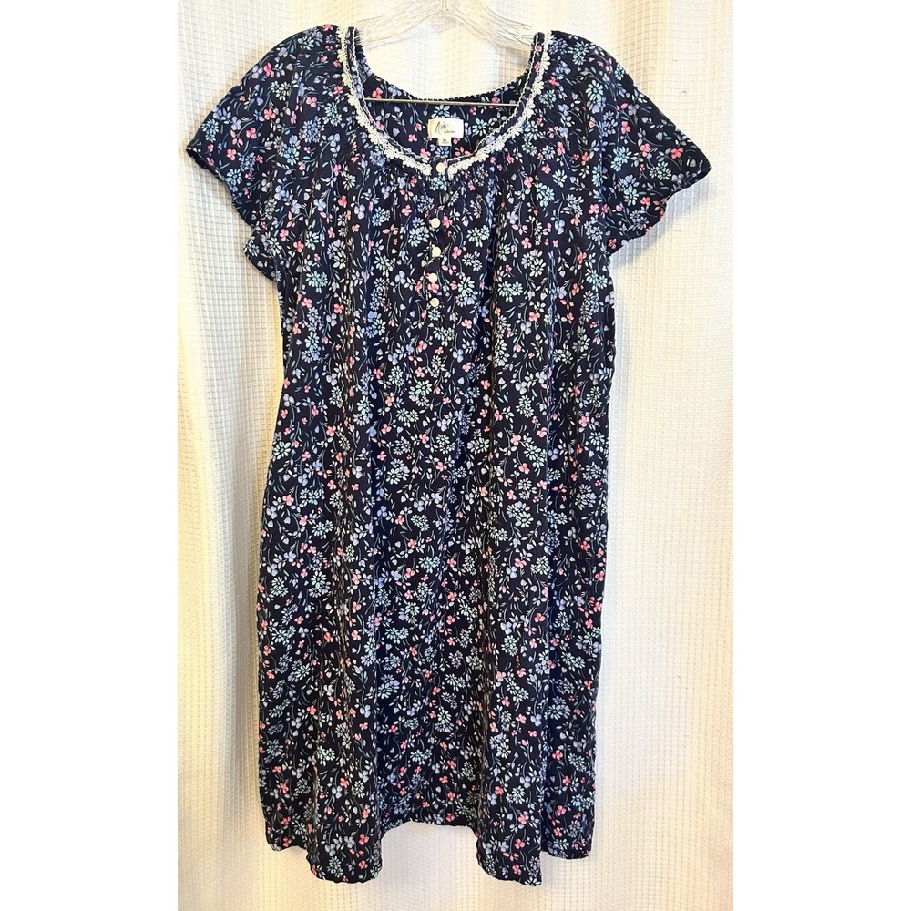 Aria Collection Blue Floral 100% Cotton Nightgown XL Pockets Cottagecore Granny